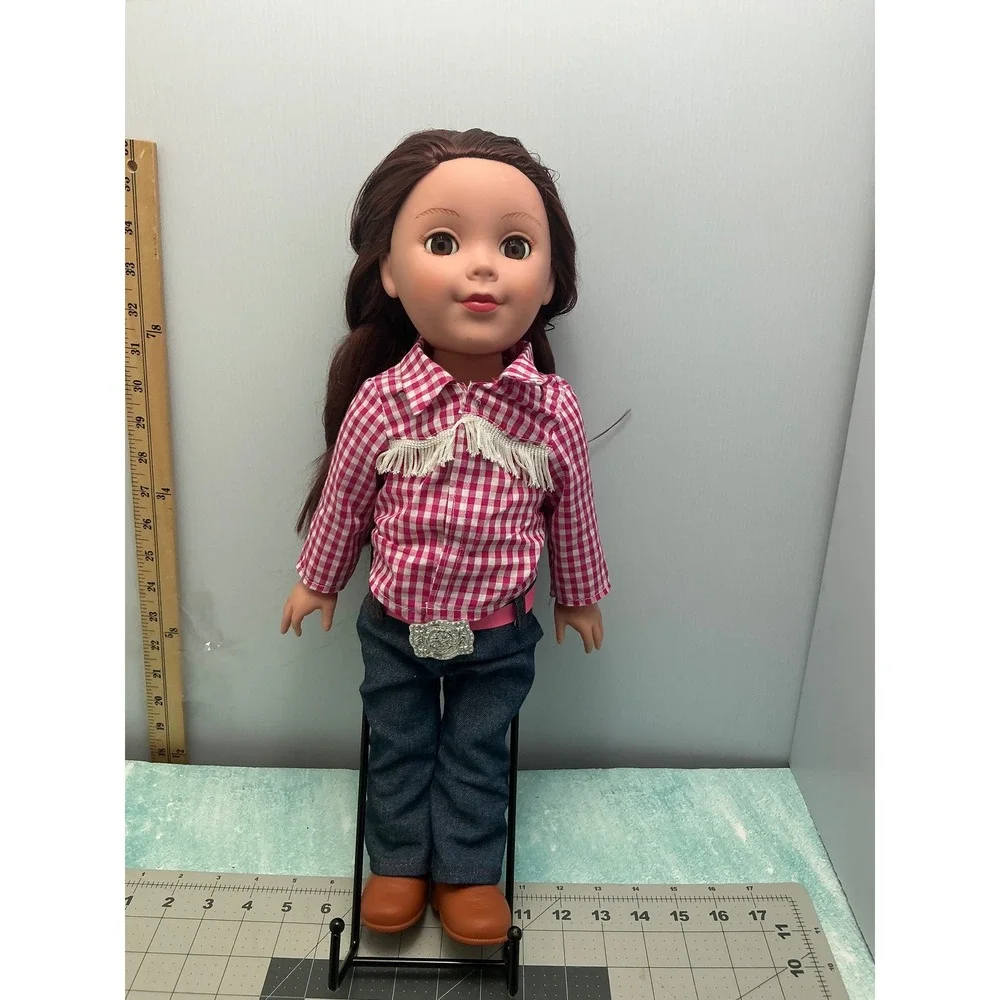 Journey Girl 18 inch Doll Brunette Brown Eye Pink Gingham Western Cowgirl Outfit